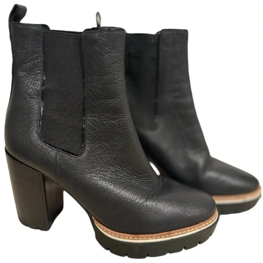 New Tory Burch Black Genuine Leather Chelsea Pull On Heeled Boot Rugged Sole 8